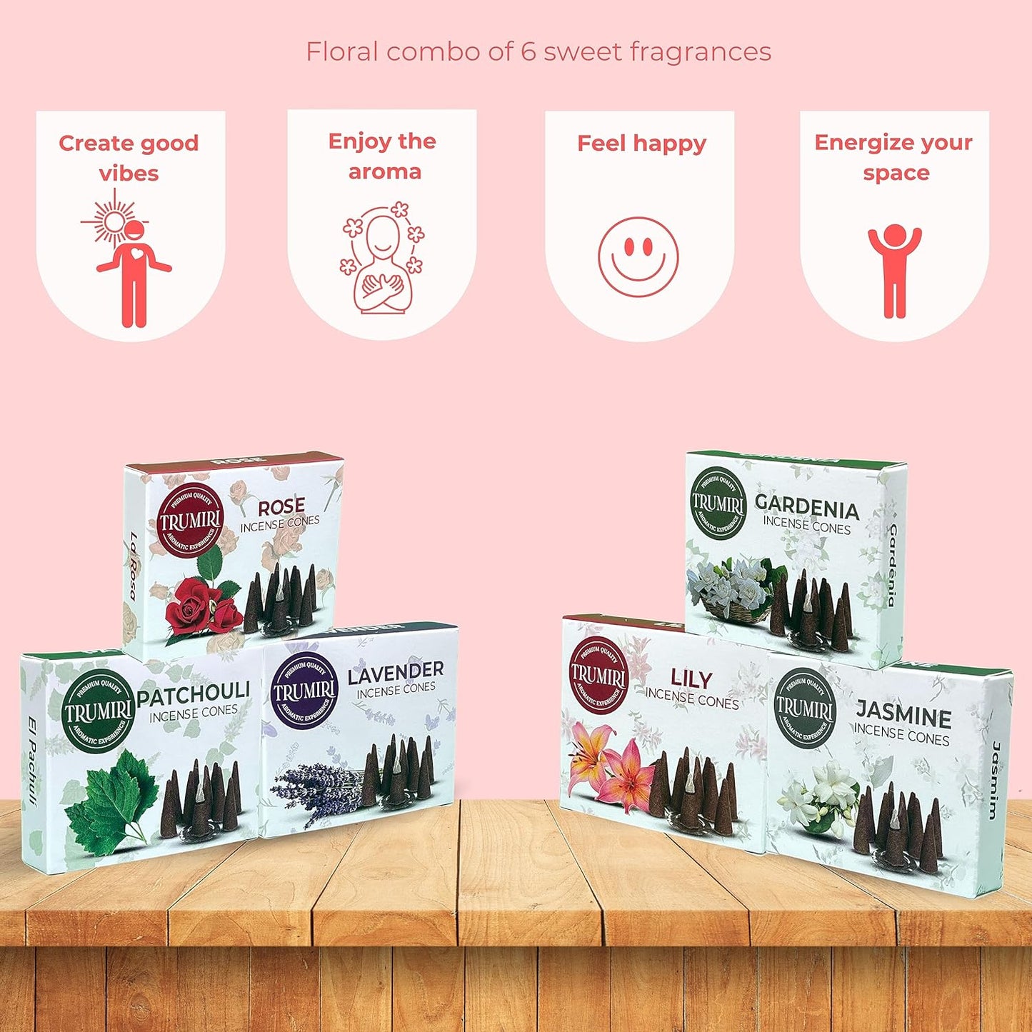 Floral Scents Incense Cones Variety Pack of 6 Scents with 10 Cones per Scent - Total 60 Cones