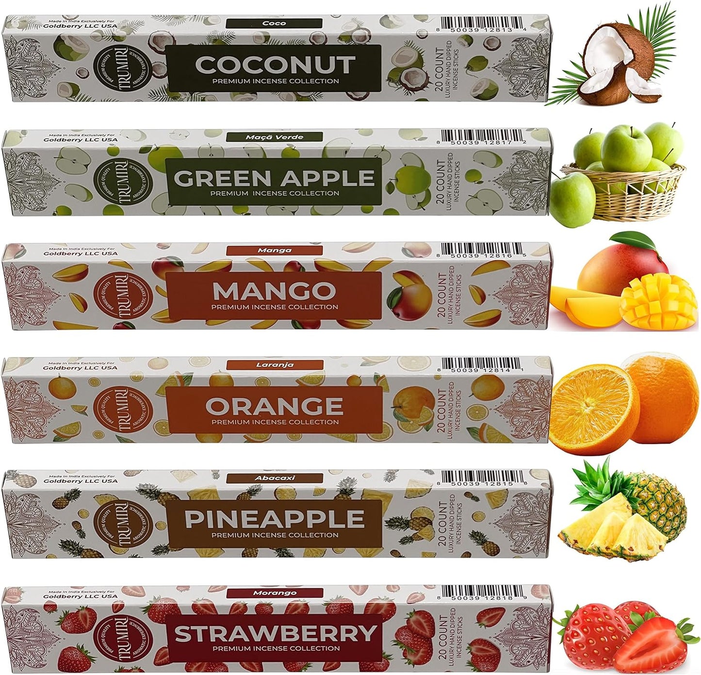 Fruity Incense Sticks Variety Pack with Incense Holder - 6 Scents - 20 Sticks/Scent - Total 120 Sticks - Incienso Sahumerio Agarbatti Joss Sticks