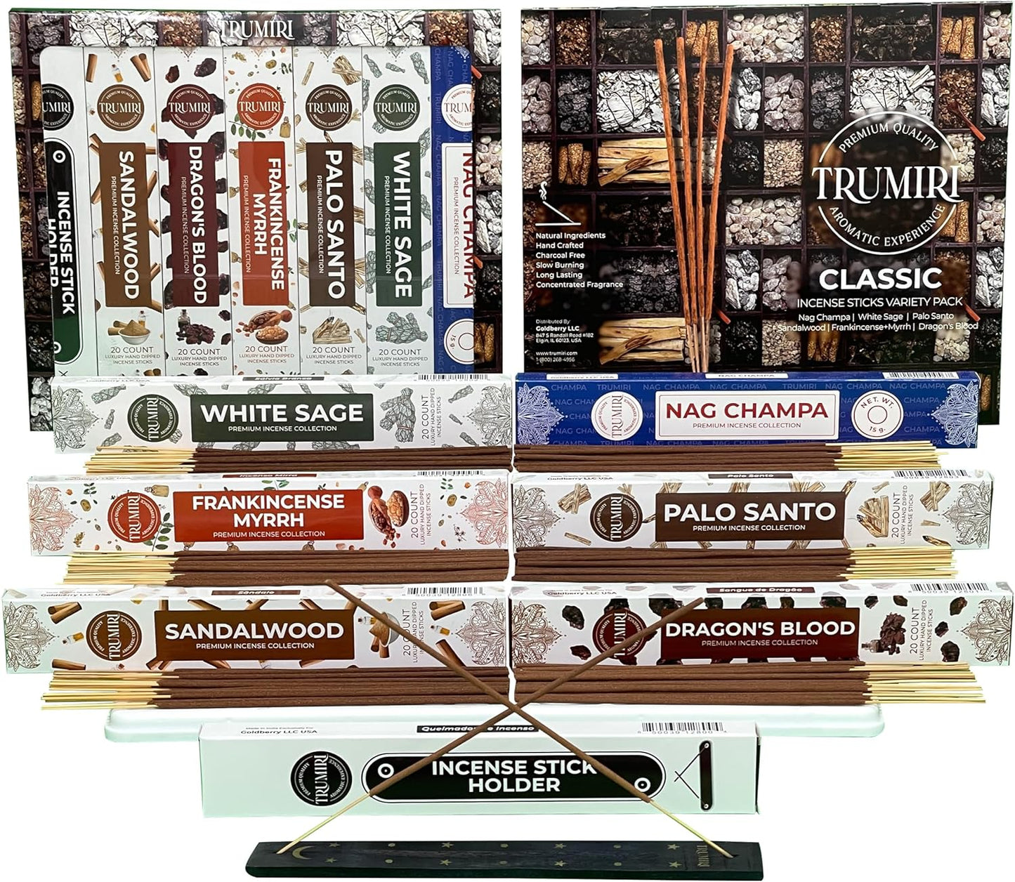 Classic Incense Sticks Variety Pack with Incense Holder - 6 Scents - 20 Sticks/Scent - Total 120 Sticks - Incienso Sahumerio Agarbatti Joss Sticks