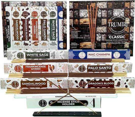 Classic Incense Sticks Variety Pack with Incense Holder - 6 Scents - 20 Sticks/Scent - Total 120 Sticks - Incienso Sahumerio Agarbatti Joss Sticks