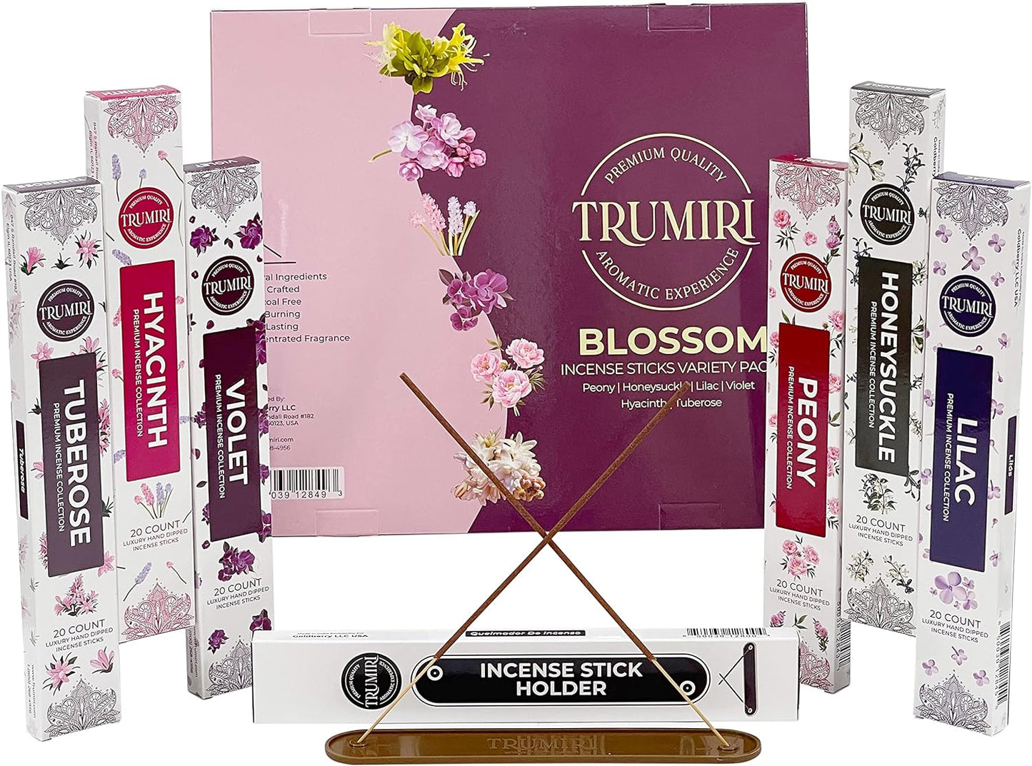 Blossom Incense Sticks Variety Pack with Incense Holder - 6 Scents - 20 Sticks/Scent - Total 120 Sticks - Incienso Sahumerio Agarbatti Joss Sticks