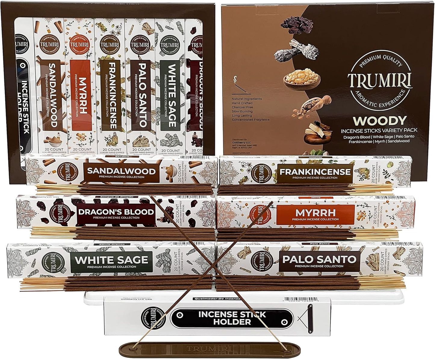 Woody Incense Sticks Variety Pack with Incense Holder - 6 Scents - 20 Sticks/Scent - Total 120 Sticks - Incienso Sahumerio Agarbatti Joss Sticks