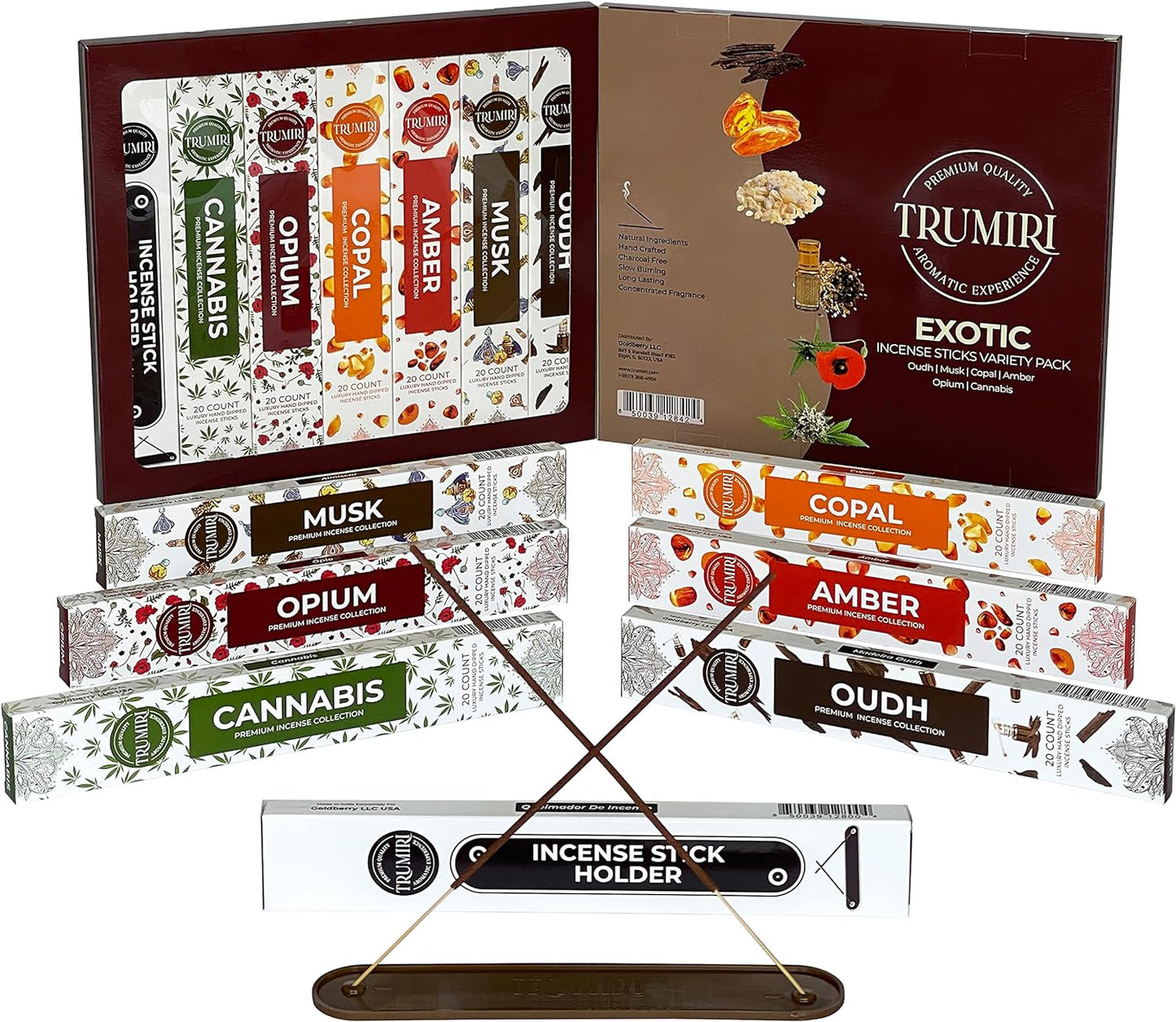Exotic Incense Sticks Variety Pack with Incense Holder - 6 Scents - 20 Sticks/Scent - Total 120 Sticks - Incienso Sahumerio Agarbatti Joss Sticks