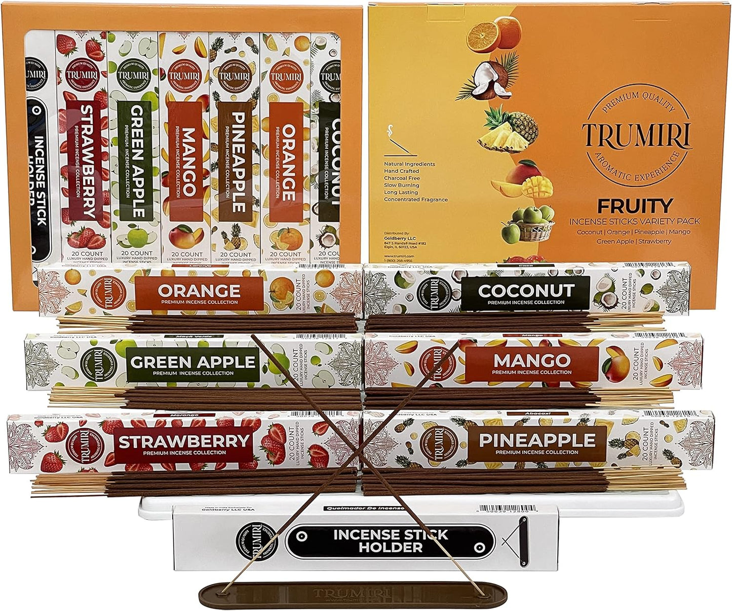 Fruity Incense Sticks Variety Pack with Incense Holder - 6 Scents - 20 Sticks/Scent - Total 120 Sticks - Incienso Sahumerio Agarbatti Joss Sticks