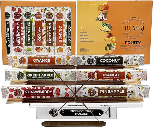 Fruity Incense Sticks Variety Pack with Incense Holder - 6 Scents - 20 Sticks/Scent - Total 120 Sticks - Incienso Sahumerio Agarbatti Joss Sticks