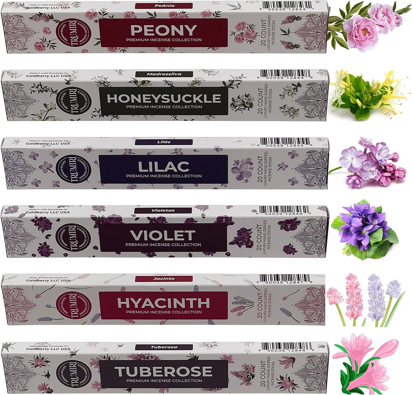 Blossom Incense Sticks Variety Pack with Incense Holder - 6 Scents - 20 Sticks/Scent - Total 120 Sticks - Incienso Sahumerio Agarbatti Joss Sticks