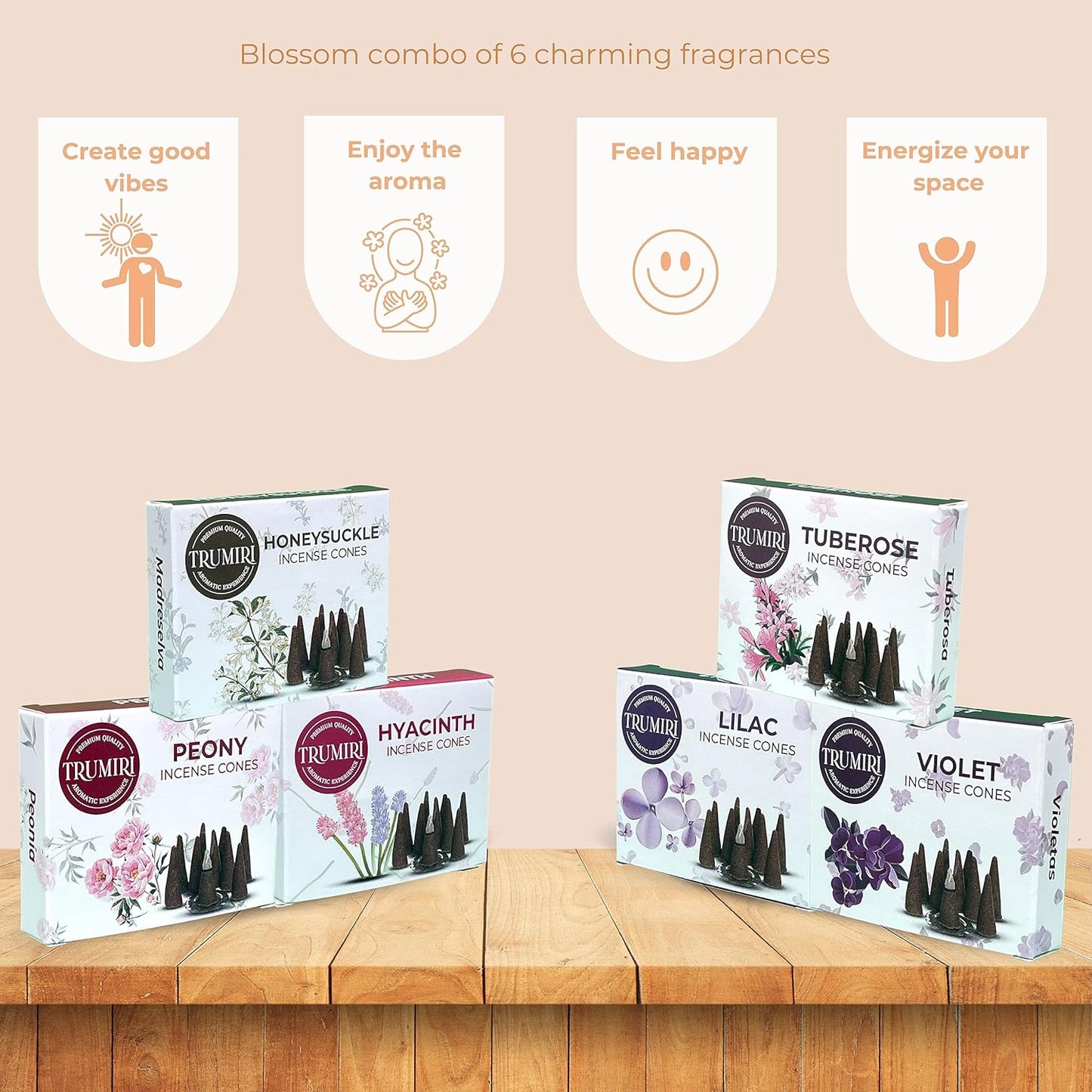 Trumiri Blossom Scents Incense Cones Variety Pack of 6 Scents with 10 Cones per Scent - Total 60 Cones