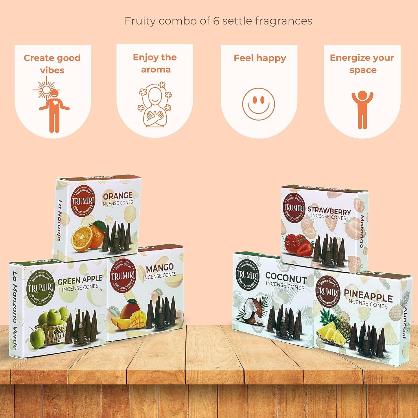 Fruity Scents Incense Cones Variety Pack of 6 Scents with 10 Cones per Scent - Total 60 Cones