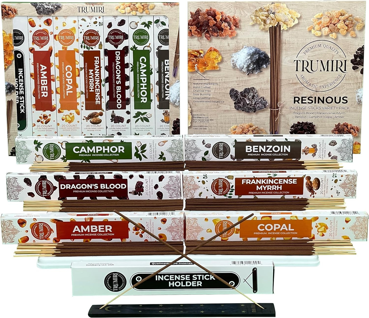Natural Tree Resin Incense Sticks Variety Pack with Incense Holder - 6 Scents - 20 Sticks/Scent - Total 120 Sticks - Incienso Sahumerio Agarbatti Joss Sticks