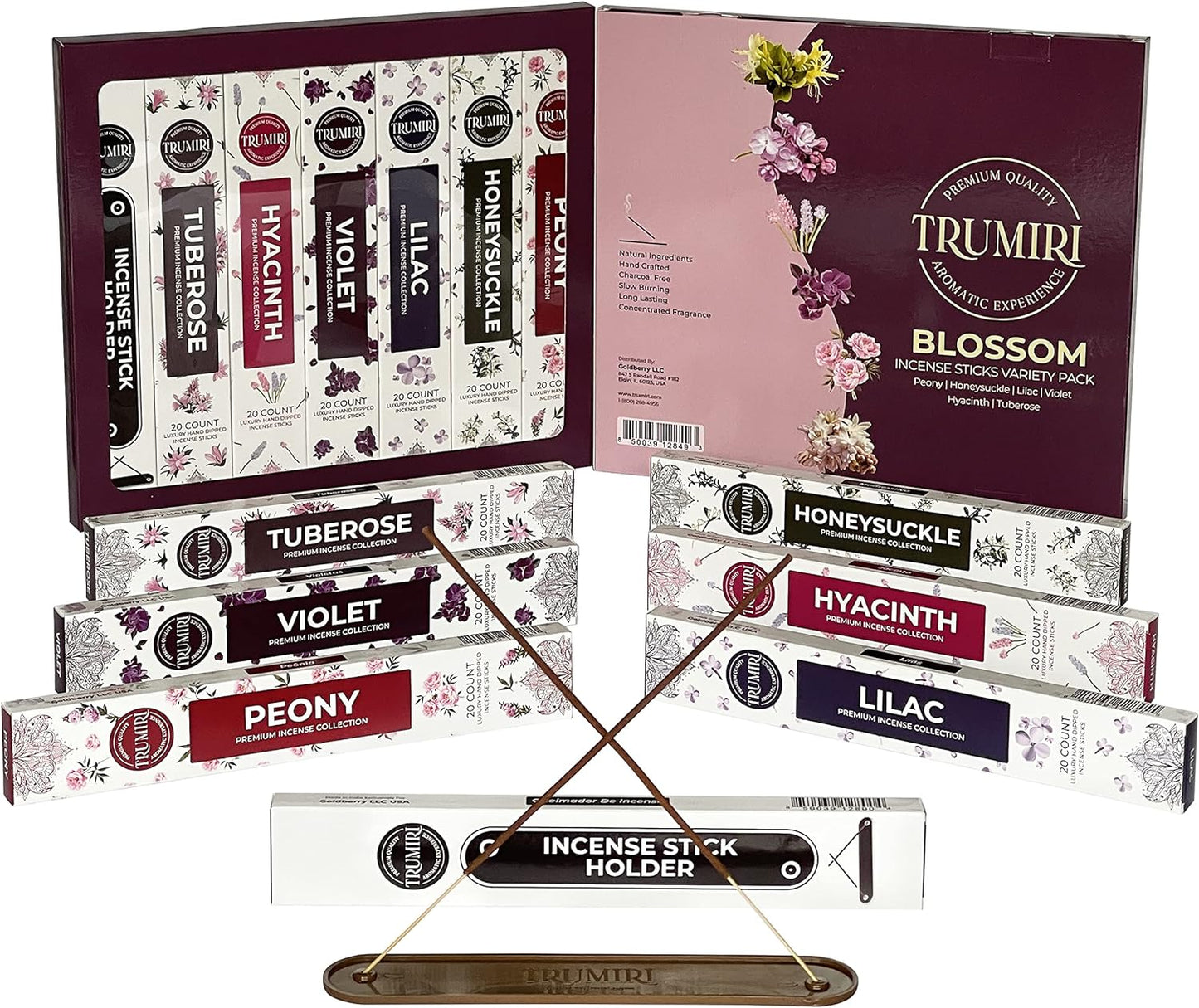 Blossom Incense Sticks Variety Pack with Incense Holder - 6 Scents - 20 Sticks/Scent - Total 120 Sticks - Incienso Sahumerio Agarbatti Joss Sticks