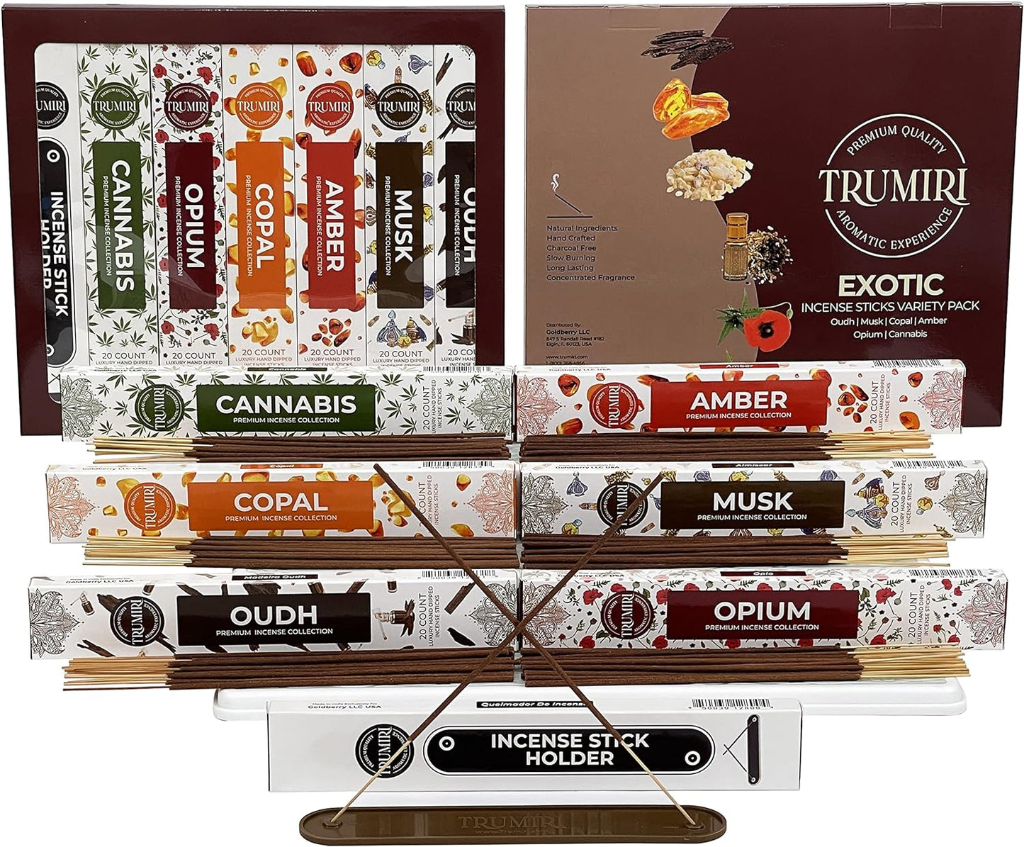 Exotic Incense Sticks Variety Pack with Incense Holder - 6 Scents - 20 Sticks/Scent - Total 120 Sticks - Incienso Sahumerio Agarbatti Joss Sticks