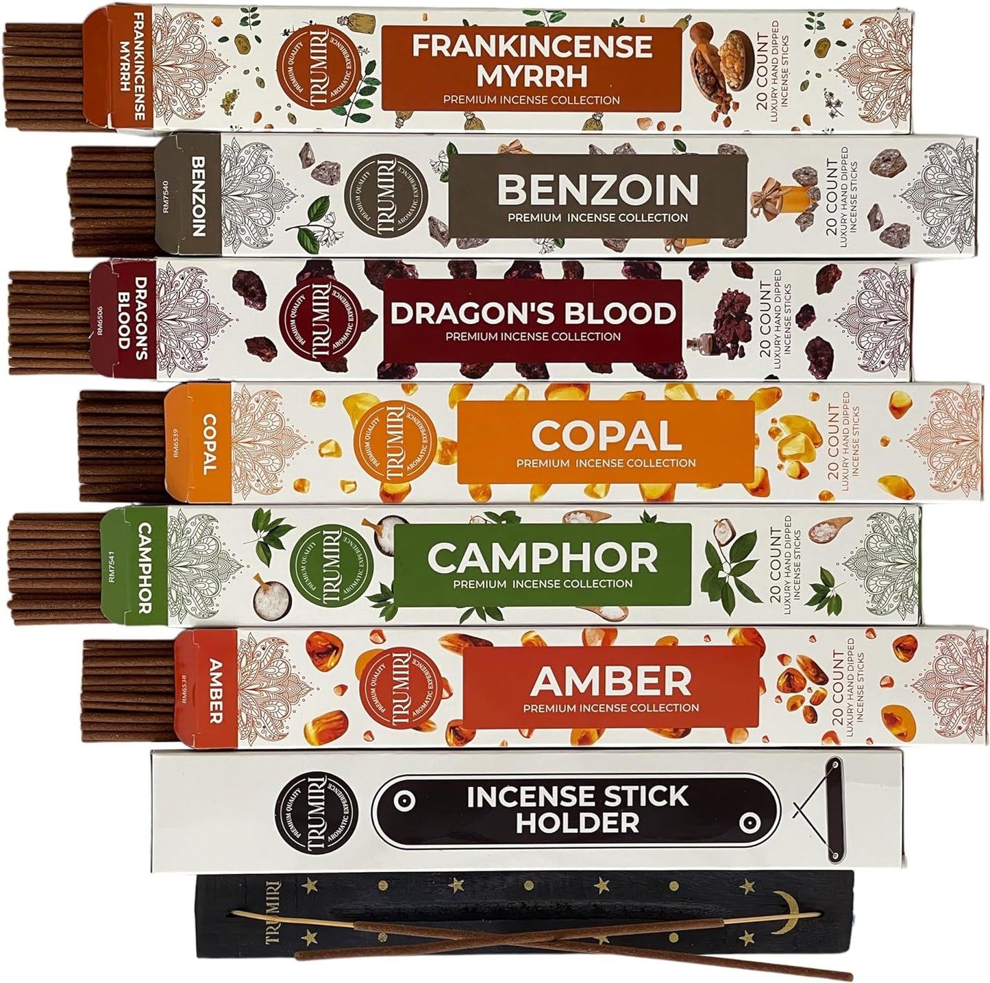 Natural Tree Resin Incense Sticks Variety Pack with Incense Holder - 6 Scents - 20 Sticks/Scent - Total 120 Sticks - Incienso Sahumerio Agarbatti Joss Sticks