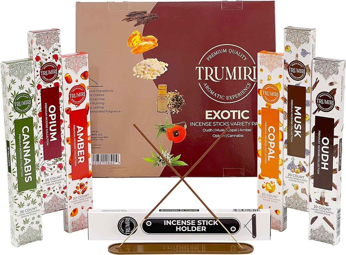 Exotic Incense Sticks Variety Pack with Incense Holder - 6 Scents - 20 Sticks/Scent - Total 120 Sticks - Incienso Sahumerio Agarbatti Joss Sticks