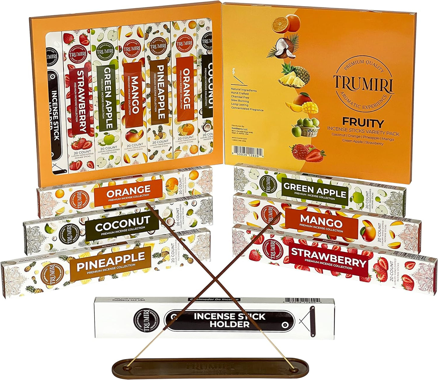 Fruity Incense Sticks Variety Pack with Incense Holder - 6 Scents - 20 Sticks/Scent - Total 120 Sticks - Incienso Sahumerio Agarbatti Joss Sticks