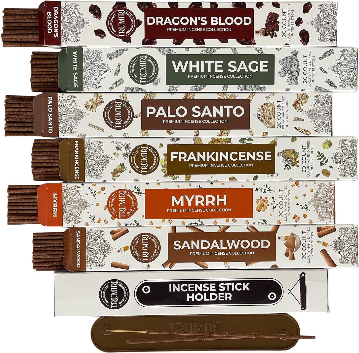 Woody Incense Sticks Variety Pack with Incense Holder - 6 Scents - 20 Sticks/Scent - Total 120 Sticks - Incienso Sahumerio Agarbatti Joss Sticks
