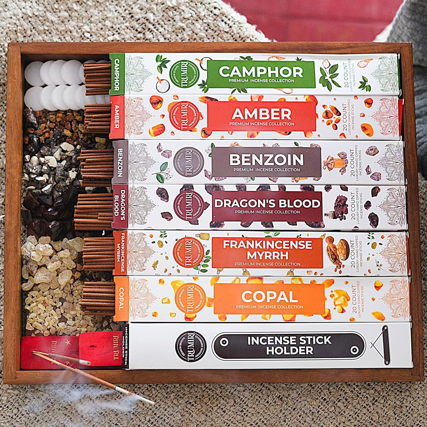 Natural Tree Resin Incense Sticks Variety Pack with Incense Holder - 6 Scents - 20 Sticks/Scent - Total 120 Sticks - Incienso Sahumerio Agarbatti Joss Sticks