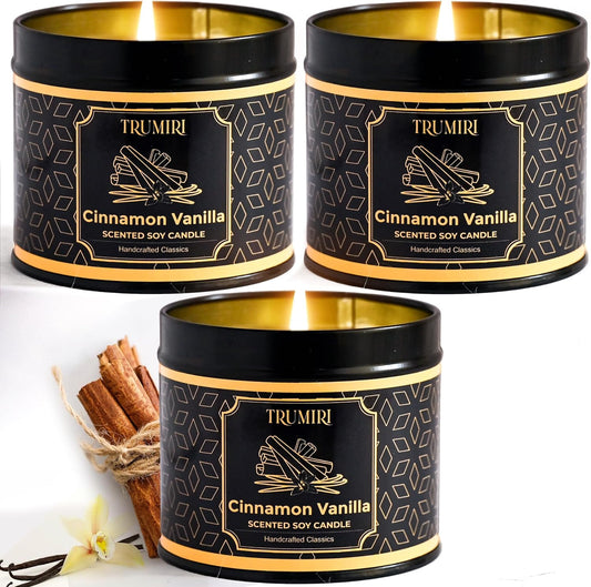 Vanilla Candle with Cinnamon Strong Scented Soy Candel Clean Non Toxic Velas Aromáticas for Women Gift for Fall Christmas Holidays Pack of 3 5Oz Decorative Tin Jars with Lids