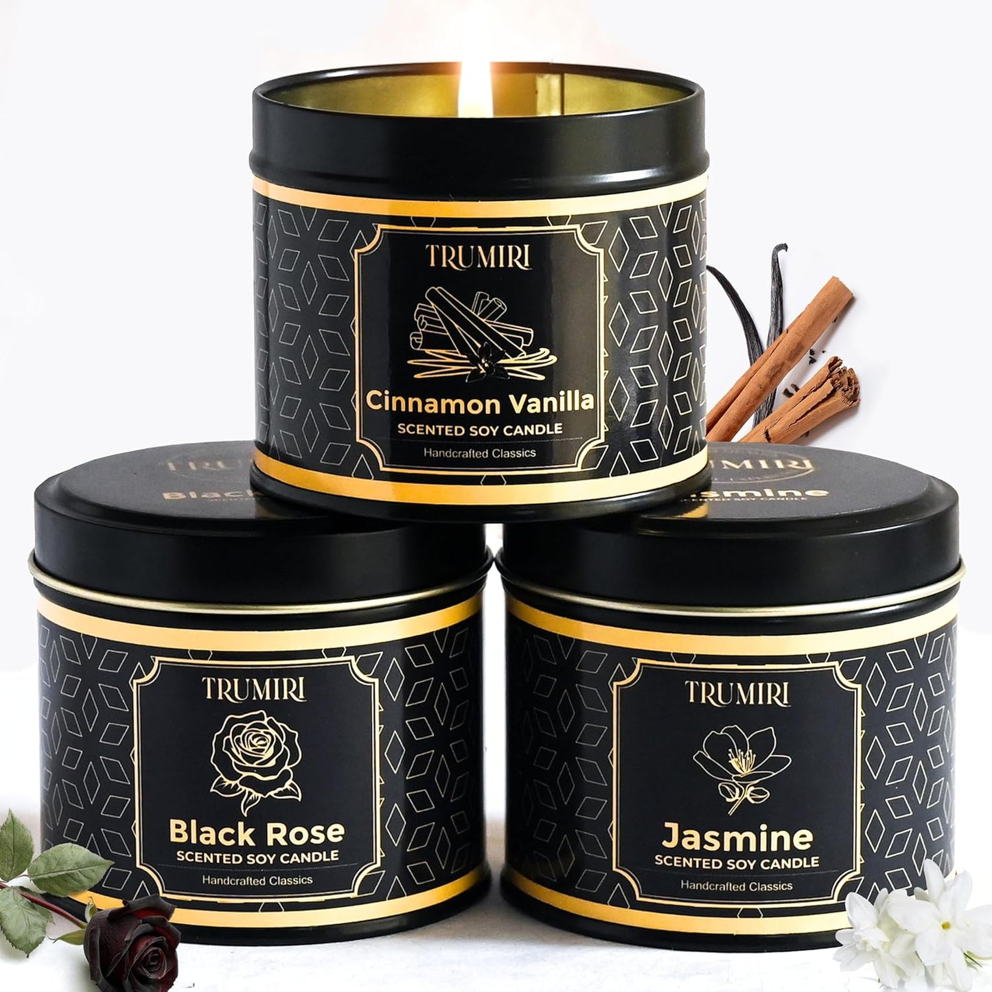 Candle Gift Set of 3 Cinnamon Vanilla|Jasmine|Black Rose Strong Scented Soy Candels Natural Non Toxic Velas Aromáticas Favors for Women Coworkers Friends Guests Also for Diwali Christmas Holidays