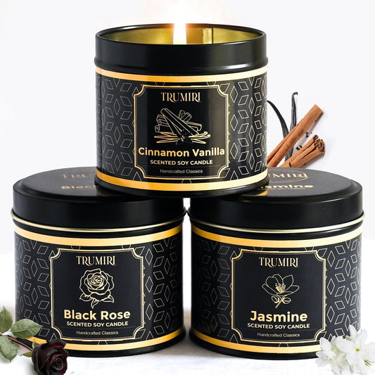 Candle Gift Set of 3 Cinnamon Vanilla|Jasmine|Black Rose Strong Scented Soy Candels Natural Non Toxic Velas Aromáticas Favors for Women Coworkers Friends Guests Also for Diwali Christmas Holidays