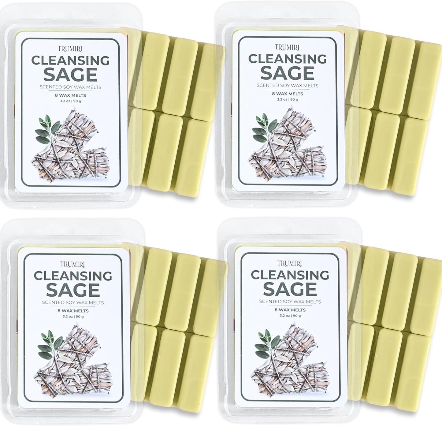 Cleansing Sage Scented Wax Melts - Made With Non Toxic Soy Wax And Essential Oils - Long Lasting Strong Scent Pet Safe Candle Wax Cubes Tarts For Warmers Pack Of 4 - For Cleansing Negative Energy