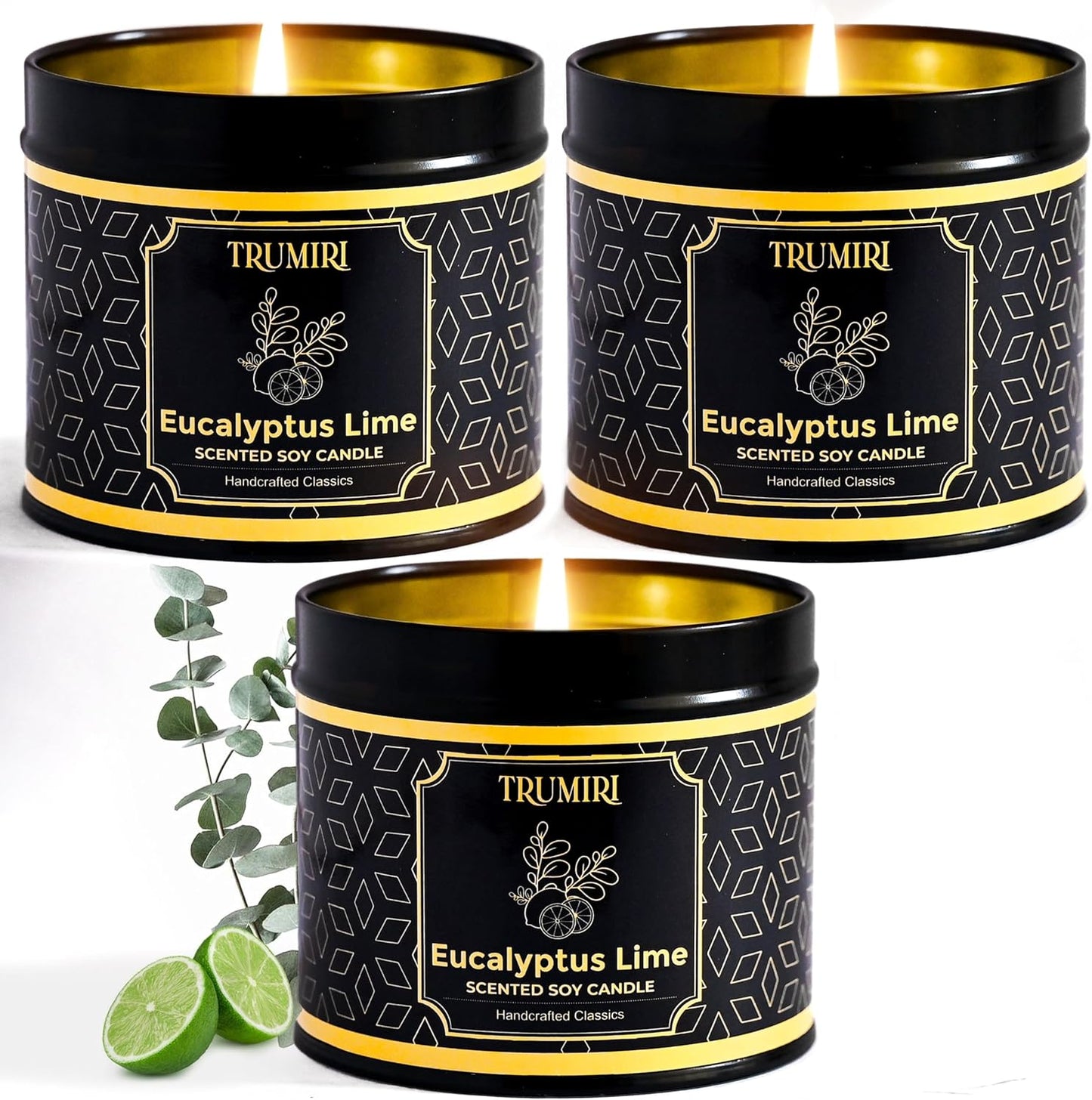 Eucalyptus Candle with Lime Strong Scented Soy Candel Natural Non Toxic Velas Aromáticas for Home Gift for Fall Christmas Holidays Pack of 3 5Oz Decorative Tin Jars with Lids