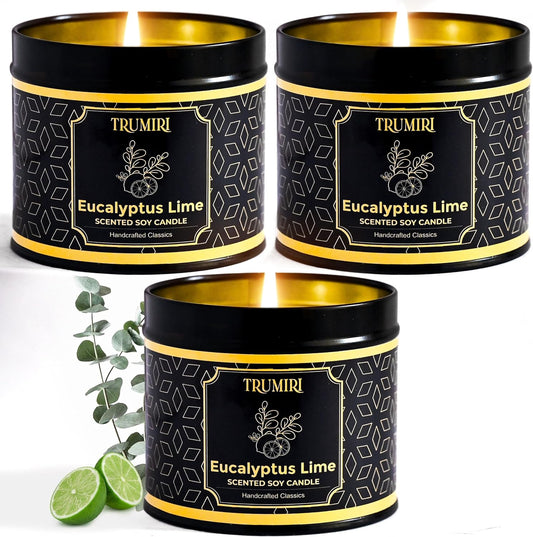 Eucalyptus Candle with Lime Strong Scented Soy Candel Natural Non Toxic Velas Aromáticas for Home Gift for Fall Christmas Holidays Pack of 3 5Oz Decorative Tin Jars with Lids