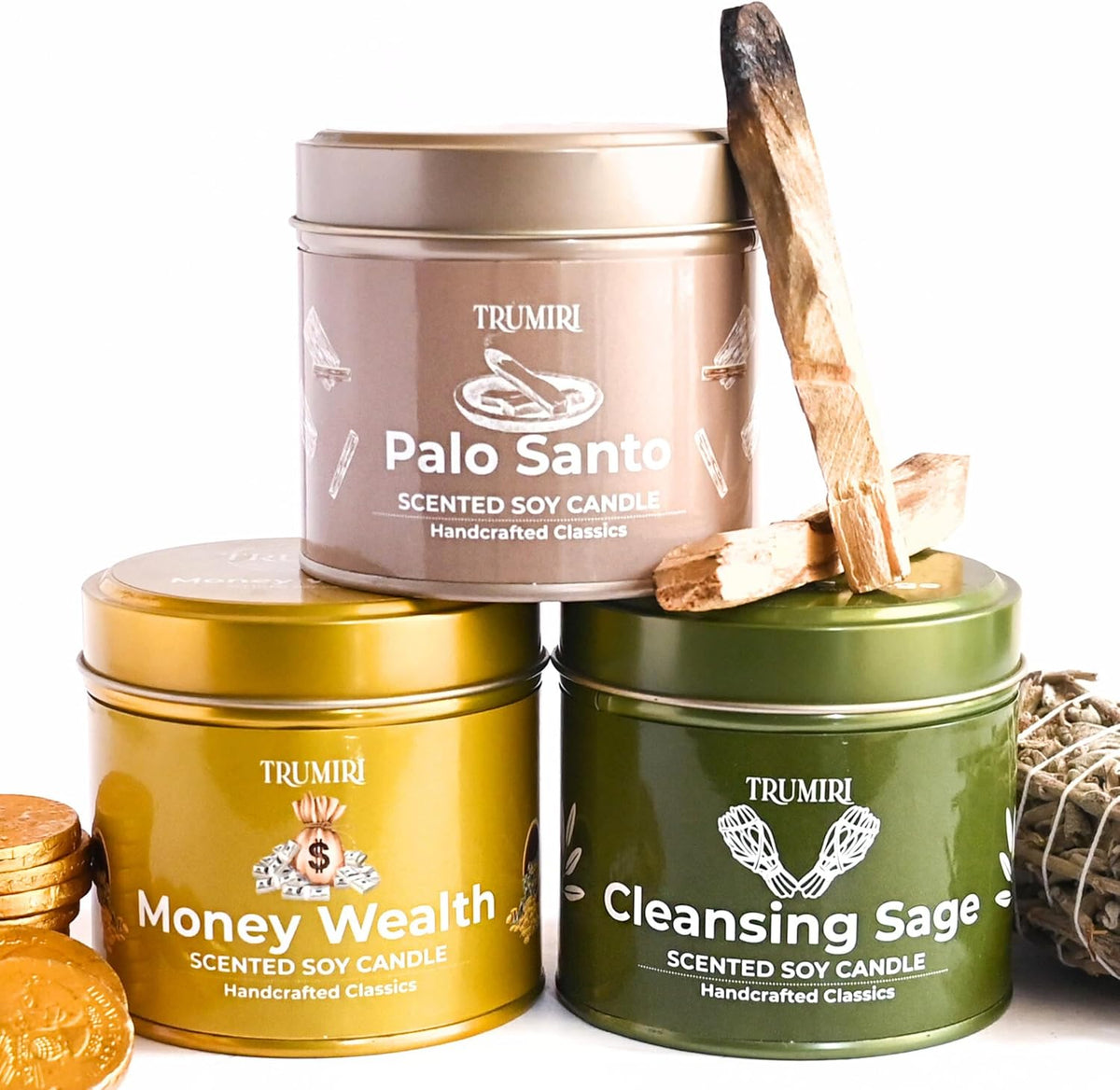 Cleansing Sage, Palo Santo, Money Wealth - Soy Candles Non Toxic - Highly Scented Long Lasting with Essential Oils - Variety Pack of 3 x 5oz - for Home Aromatherapy Meditation Gift Travel