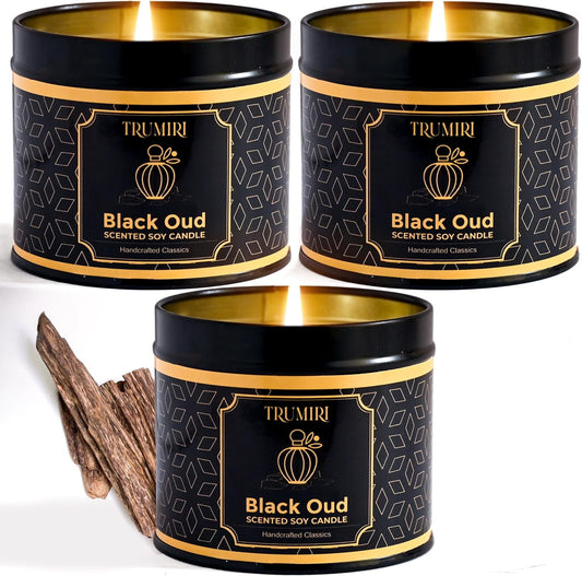 Black Oud Candle Highly Scented Soy Candel Natural Non Toxic Velas Aromáticas Gift for Men 5Oz Decorative Tin Jars with Lids Pack of 3
