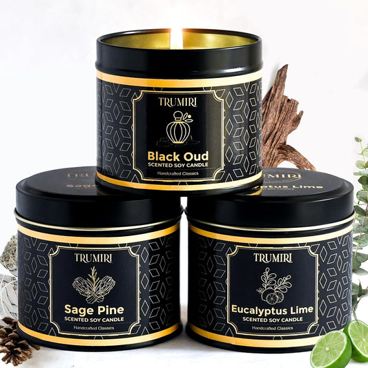 Candle Gift Set of 3 Black Oud|Sage Pine|Eucalyptus Lime Strong Scented Soy Candels Clean Non Toxic Velas Aromáticas Favors for Women Coworkers Friends Guests Also for Fall Diwali Christmas Holidays