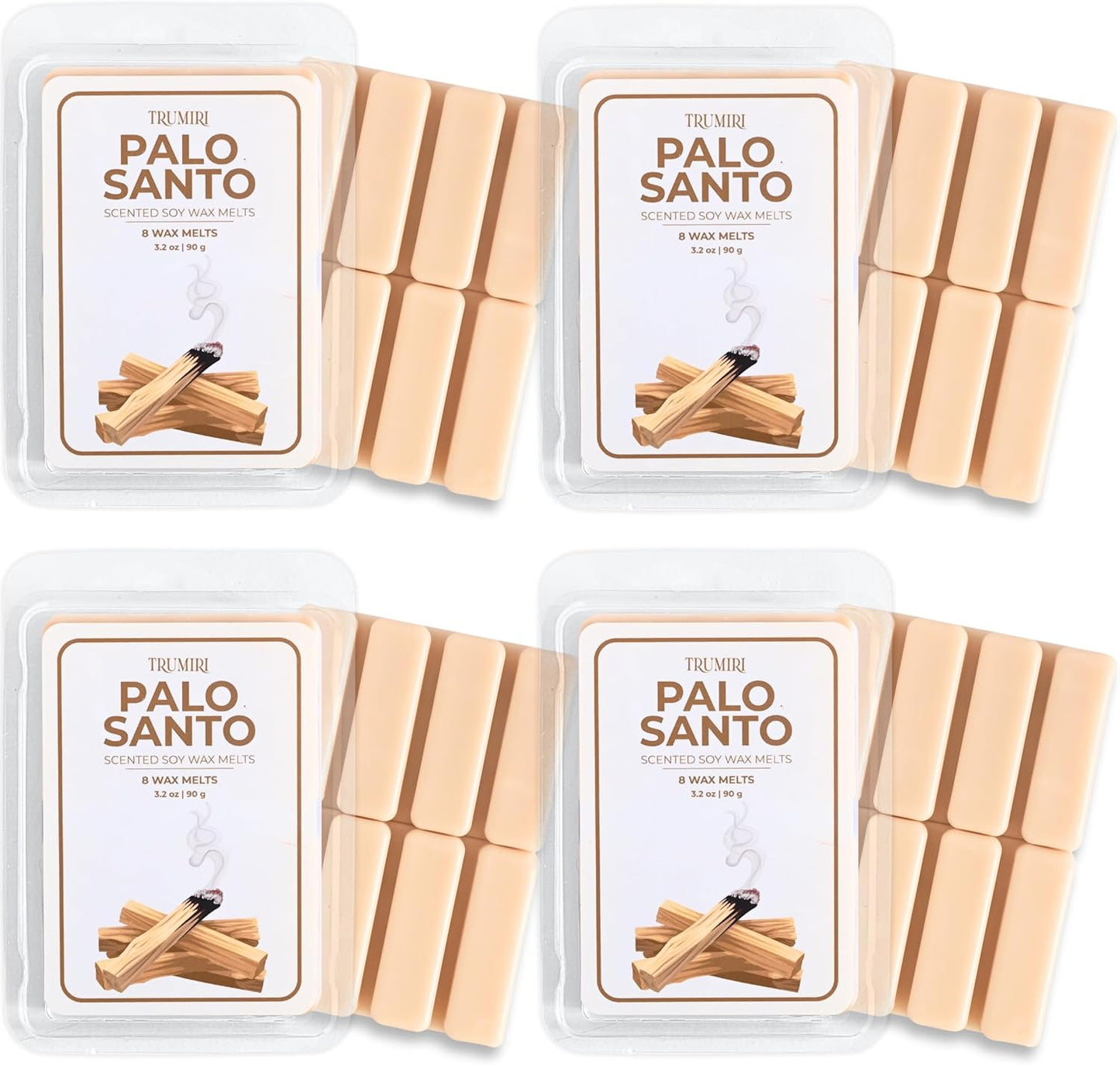 TRUMIRI Palo Santo Scented Wax Melts - Made with Non Toxic Soy Wax and Essential Oils - Long Lasting Strong Scent Pet Safe Candle Wax Cubes Tarts for Warmers Pack of 4 - for Cleansing Negative Energy
