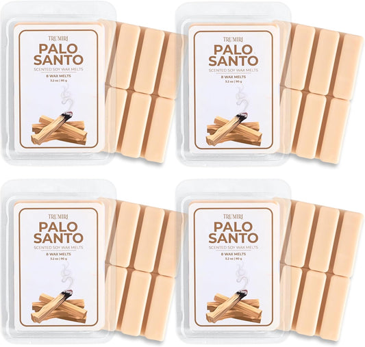 TRUMIRI Palo Santo Scented Wax Melts - Made with Non Toxic Soy Wax and Essential Oils - Long Lasting Strong Scent Pet Safe Candle Wax Cubes Tarts for Warmers Pack of 4 - for Cleansing Negative Energy