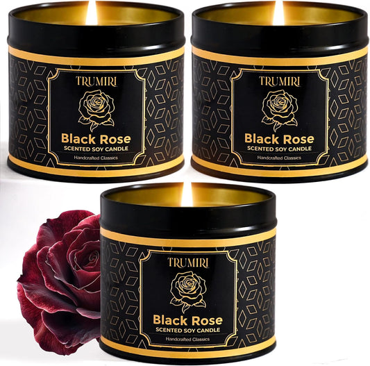Black Rose Candle Strong Scented Soy Candel Clean Non Toxic Velas Aromáticas Gift for Women 5Oz Decorative Tin Jars with Lids Pack of 3