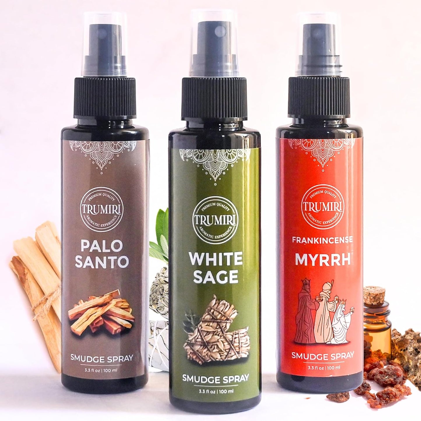 Set of 3 Smudge Sprays White Sage|Palo Santo|Frankincense Myrrh for Spiritual Cleansing of Negative Energy and Protection - Natural Room Sprays and Body Mists Made with Non Toxic Essential Oils