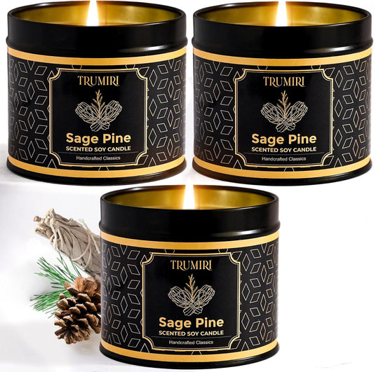 Sage & Pine Candle Strong Scented Soy Candel Natural Non Toxic Velas Aromáticas for Home Gift for Fall Christmas Holidays Pack of 3 5Oz Decorative Tin Jars with Lids