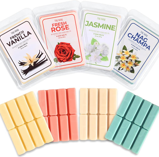 Scented Wax Melts Variety Pack of 4x8ea - Nag Champa|Fresh Rose|French Vanilla|Jasmine - Made with Non Toxic Soy Wax and Essential Oils- Long Lasting Strong...