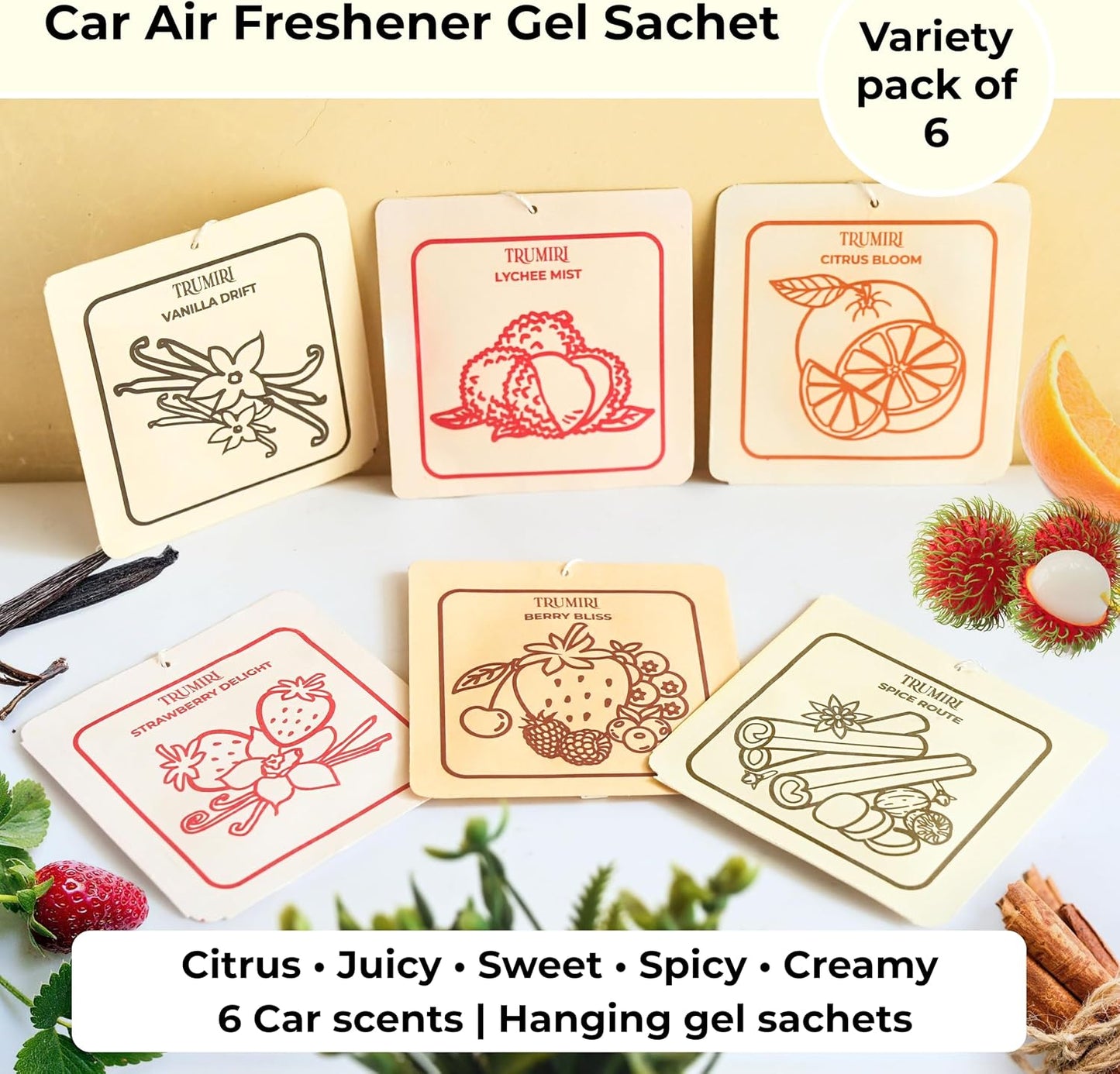 Long Lasting Car Air Freshener Deodorizer Hanging Type Gel Based Scent Diffuser - Variety Pack Of 6 - Citrus Bloom|Lychee Mist|Strawberry Delight|Berry Bliss|Spice Route|Vanilla