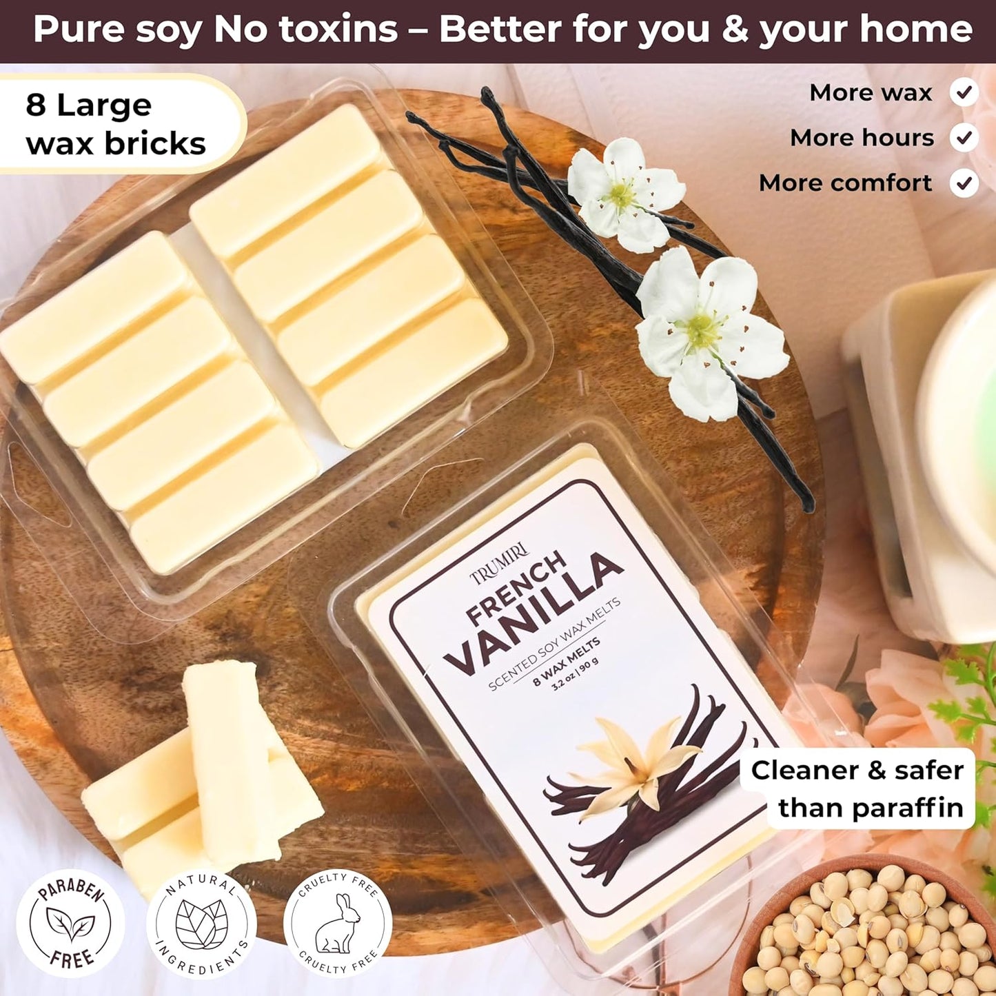 TRUMIRI French Vanilla Scented Wax Melts - Made with Non Toxic Soy Wax and Essential Oils - Long Lasting Strong Scent Pet Safe Candle Wax Cubes Tarts for Warmers - Fall Christmas