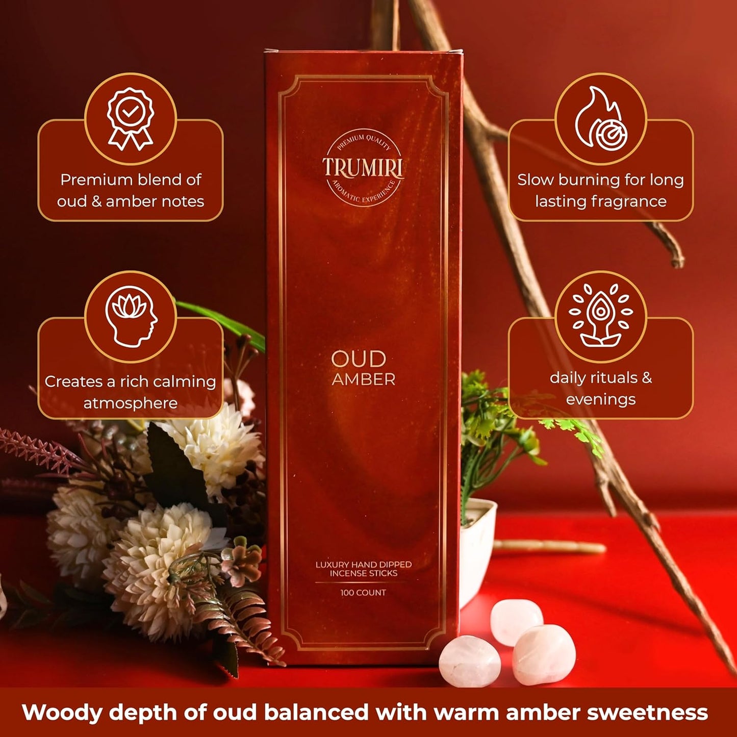 Oud Amber Incense Sticks - Pack of 100 Insence-Sticks - Inciensos Aromaticos Made with Natural Oud and Amber Oil - Scented Inscents Non Toxic Insense Incents