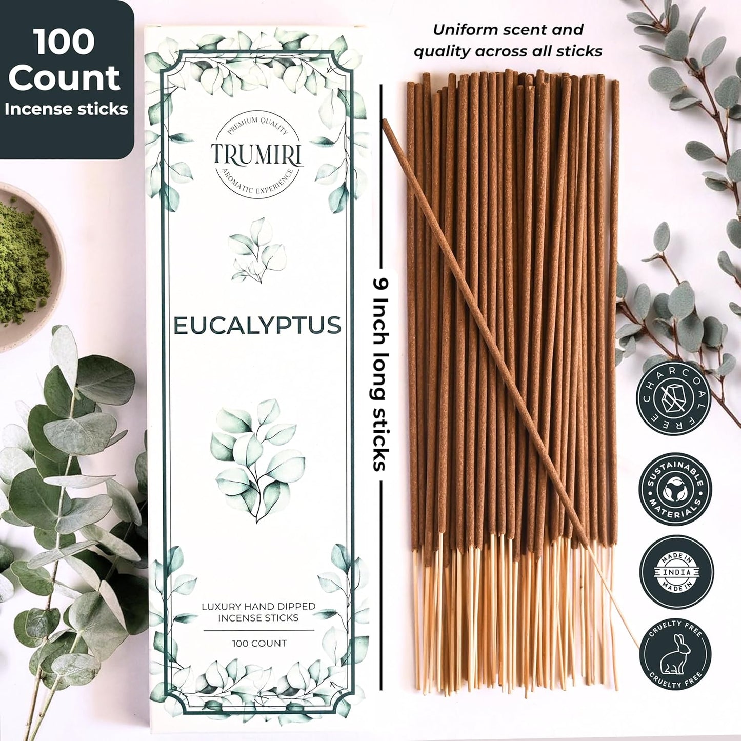 Eucalyptus Incense Sticks - Pack of 100 Insence-Sticks - Inciensos Aromaticos Made with Natural Essential Oil - Scented Insense Non Toxic Inscents