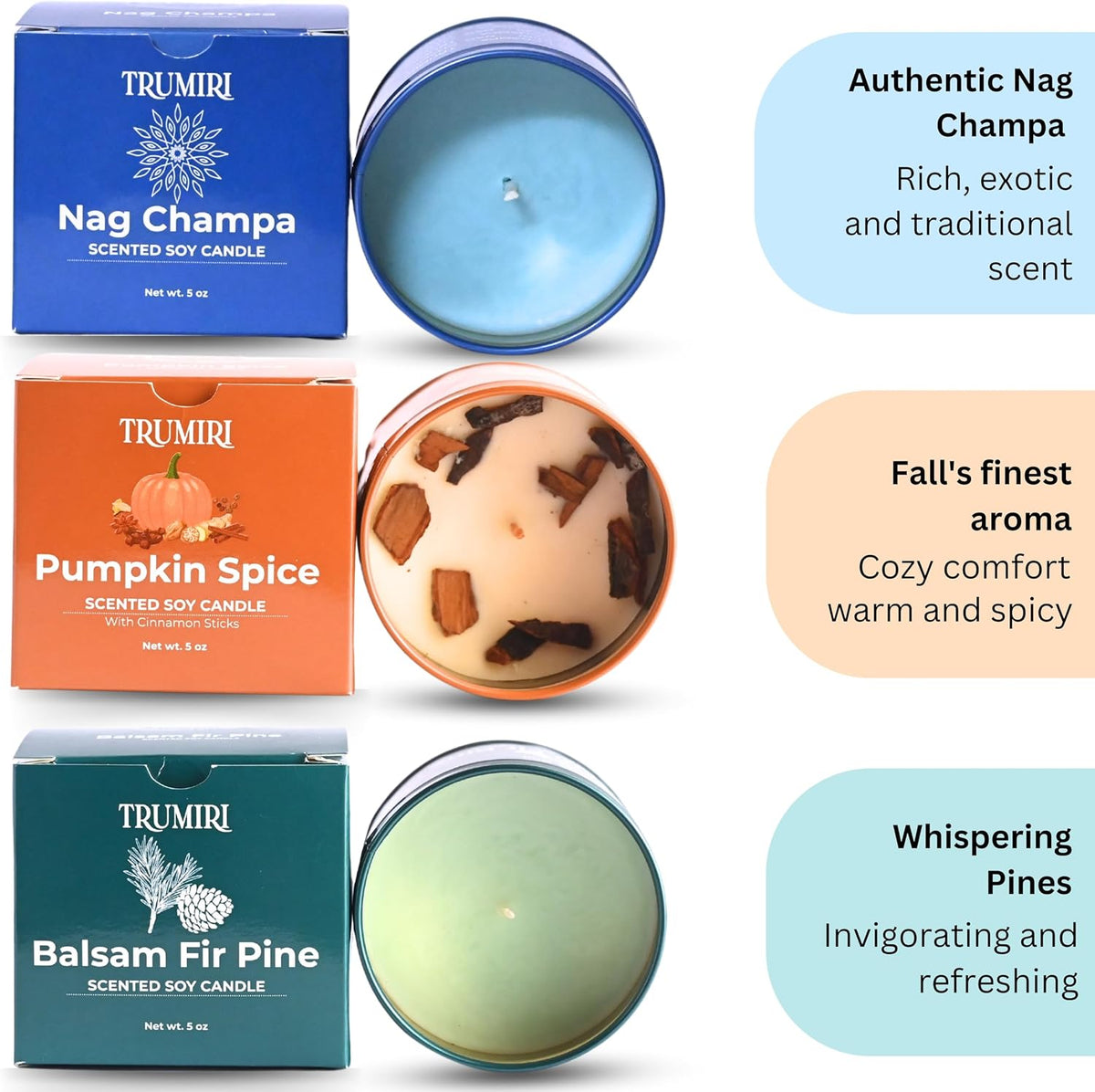 Balsam Fir Pine, Pumpkin Spice, Nag Champa - Soy Candles Non Toxic - Highly Scented Long Lasting with Essential Oils - Variety Pack of 3 x 5oz - for Home Aromatherapy Meditation Gift Travel