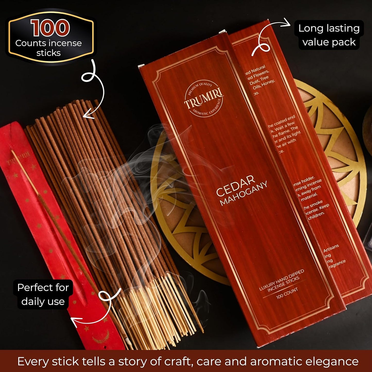 Cedar Mahogany Incense Sticks - Pack of 100 Inscents-Sticks - Inciensos Aromaticos para La Casa - Made with Natural Ingredients - Scented Insence Non Toxic Insense Incents