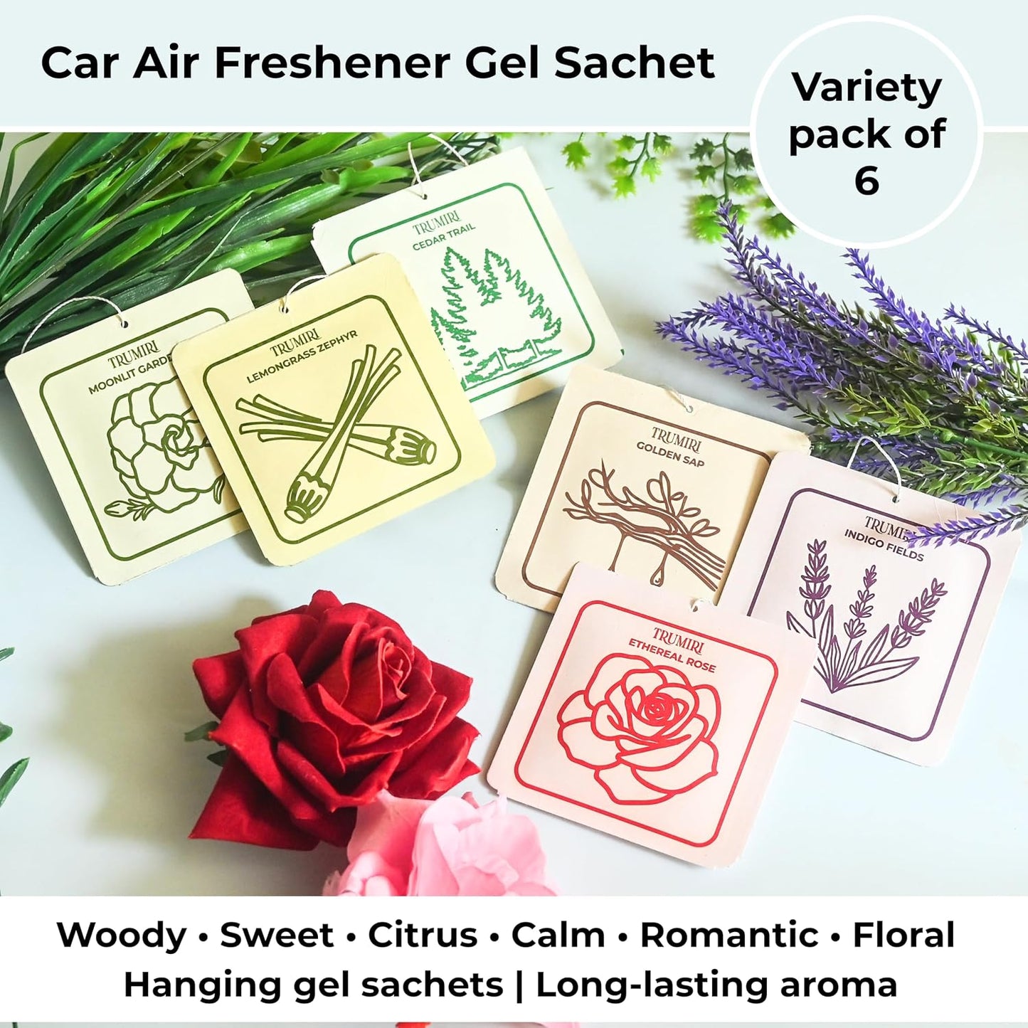 Long Lasting Car Air Freshener Deodorizer Hanging Type Gel Based Scent Diffuser - Variety Pack Of 6 - Cedar Trail|Golden Sap|Lemongrass Zephyr|Indigo Fields|Ethereal Rose|Moonlit Gardenia