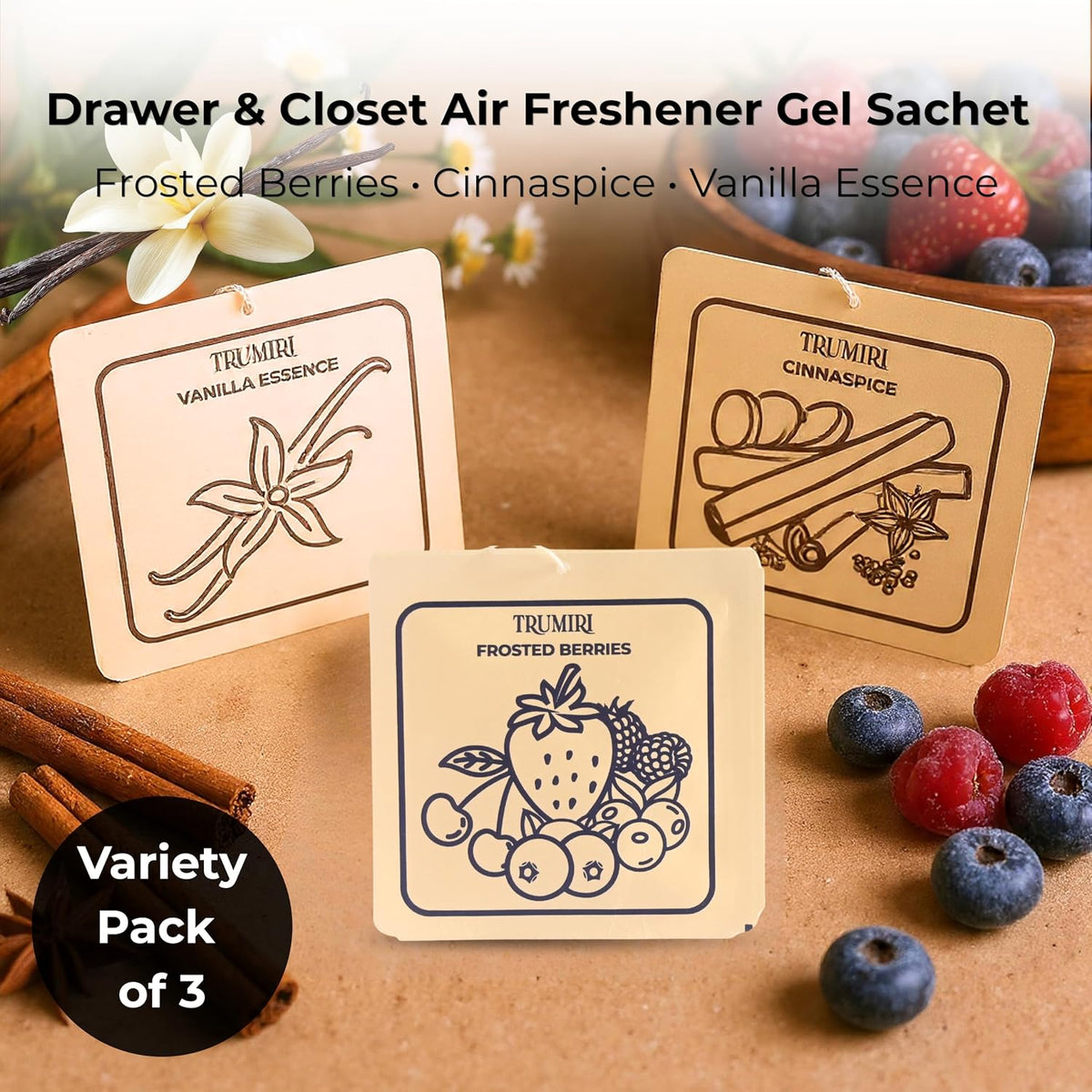 Frosted Berries|Cinnamon|Vanilla Scented Drawer & Closet Air Freshener Sachet– Variety Pack of 3–Long-Lasting Hanging Bag, Scent Diffuser, Odor Eliminator, Wardrobes, Dressers–Home Fragrance Gift Set