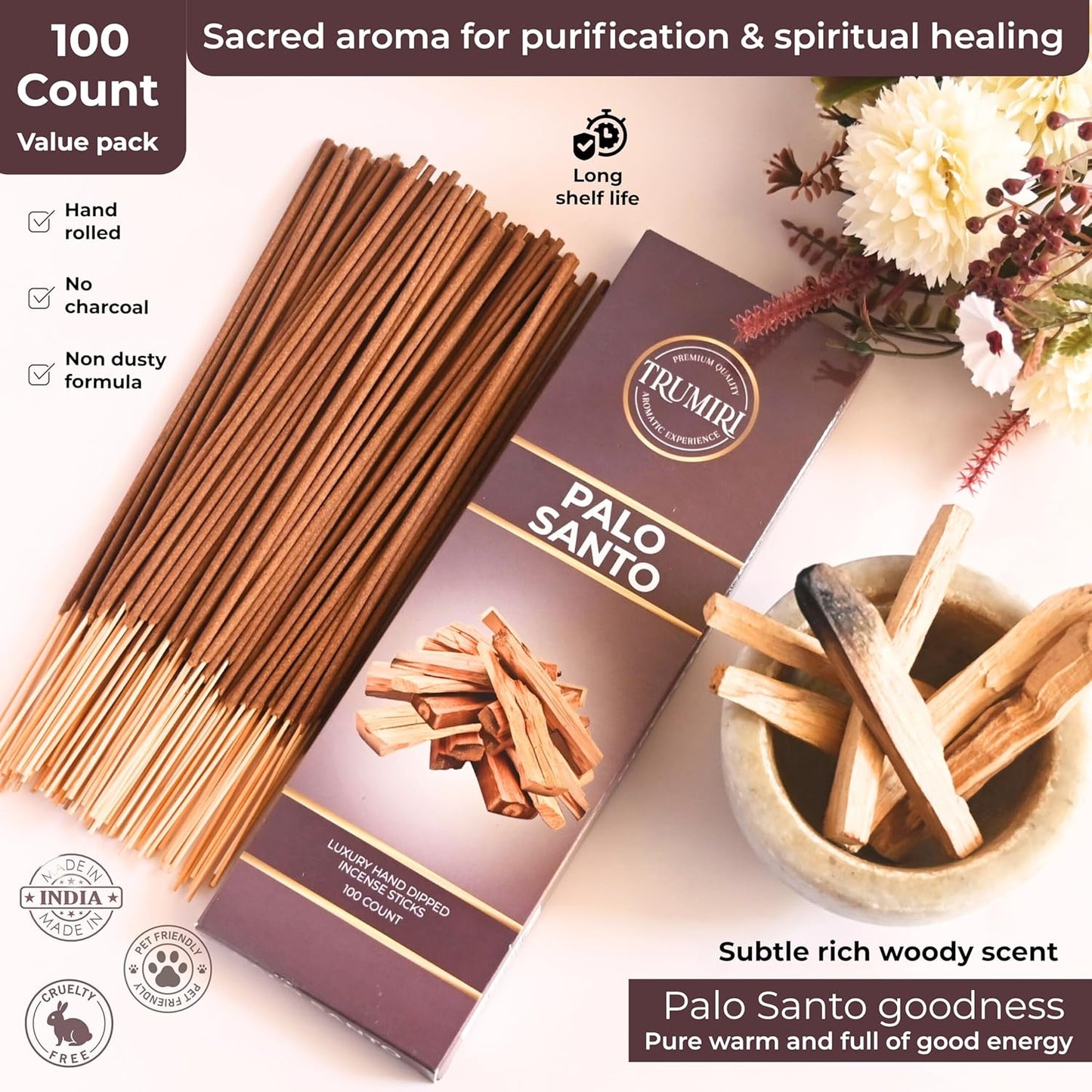 Palo Santo Incense Sticks - Pack of 100 Insence-Sticks for Removing Negative Energy - Made with Natural Incienso De Palo Santo - Scented Insense Spiritual Non Toxic Inscents