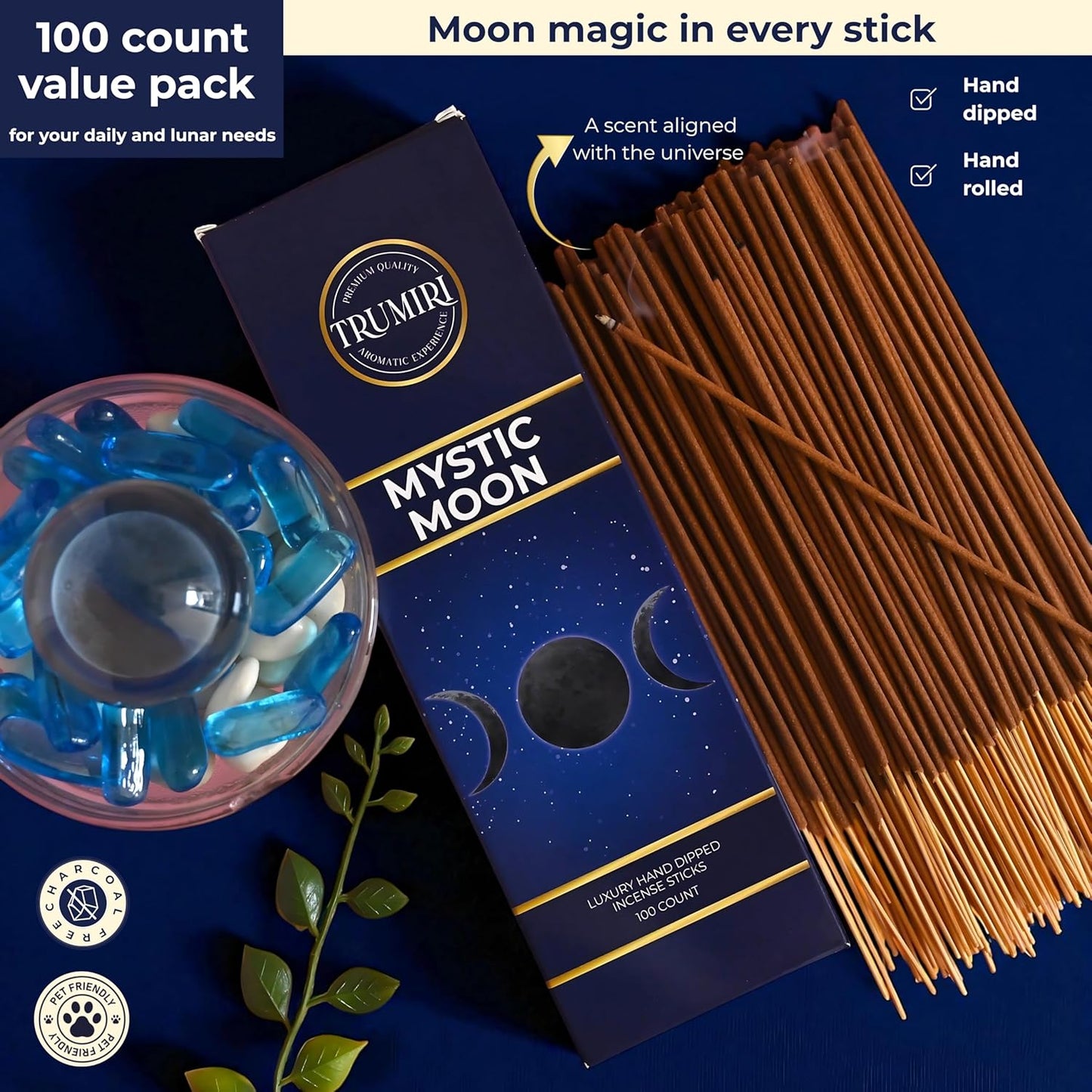 Mystic Moon Incense Sticks - Pack of 100 Insence-Sticks for Invoking Moon Magic - Made with Natural Raw Ingredients - Scented Insense Spiritual Inciensos Incents
