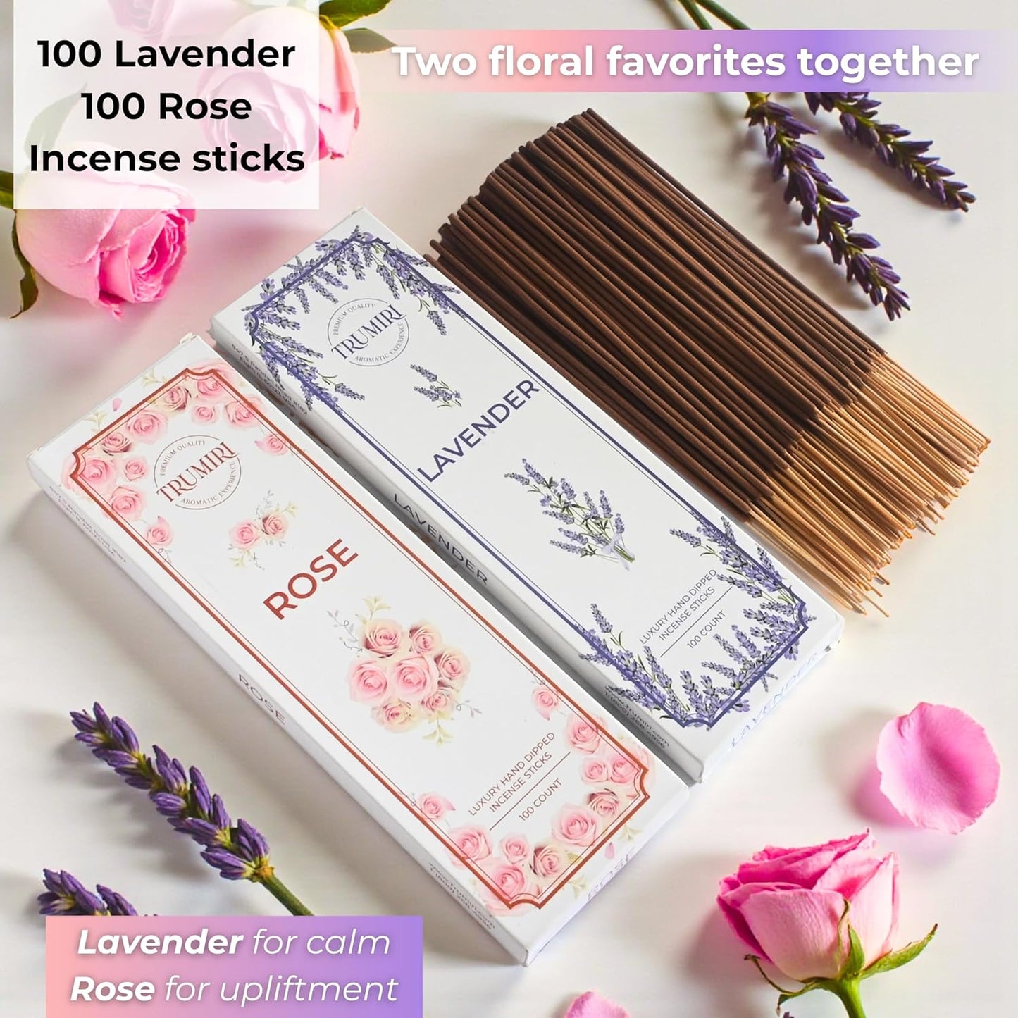 Lavender & Rose - Combo Pack of Incense Sticks - 100 Insence-Sticks of Each Scent - Total 200 Inscents - Inciensos Aromaticos para La Casa - Made with Natural Non Toxic Ingredients