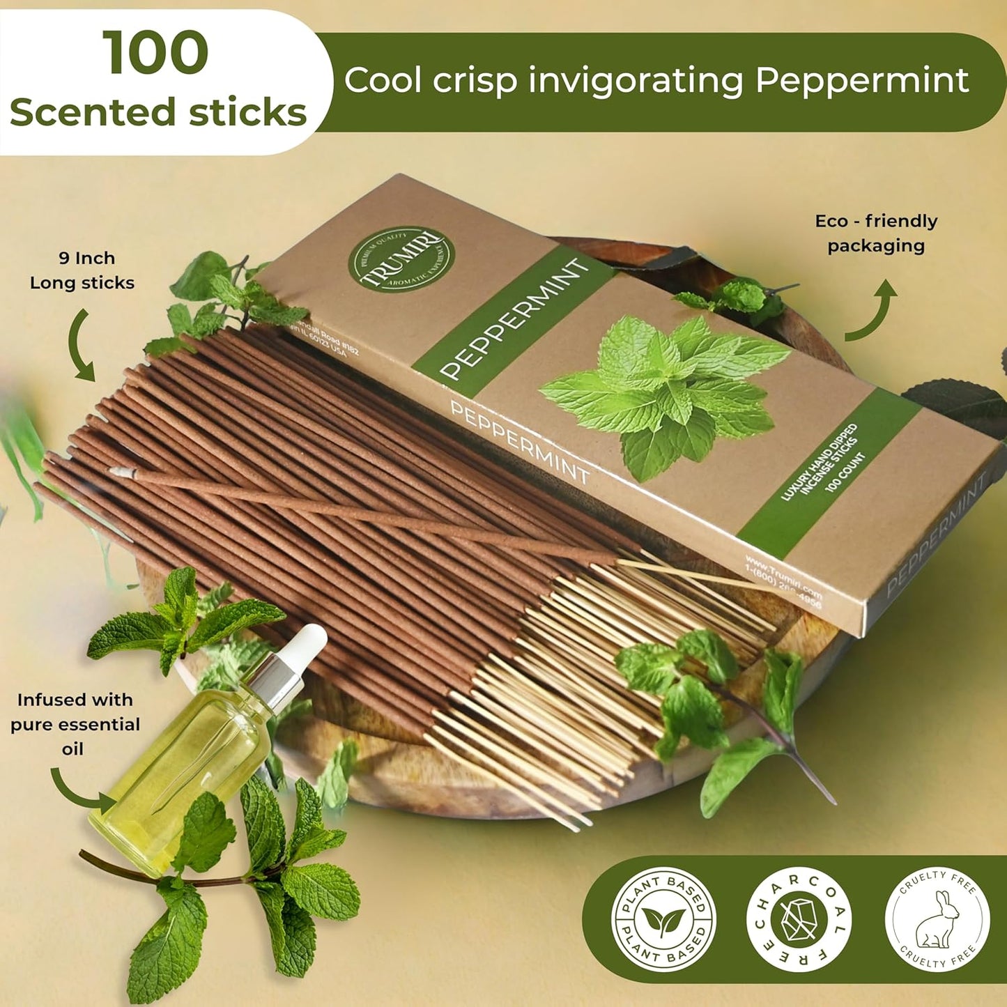 Peppermint Incense Sticks - Pack of 100 Inscents-Sticks - Inciensos Aromaticos Made with Natural Essential Oil - Scented Insence Non Toxic Insense Incents