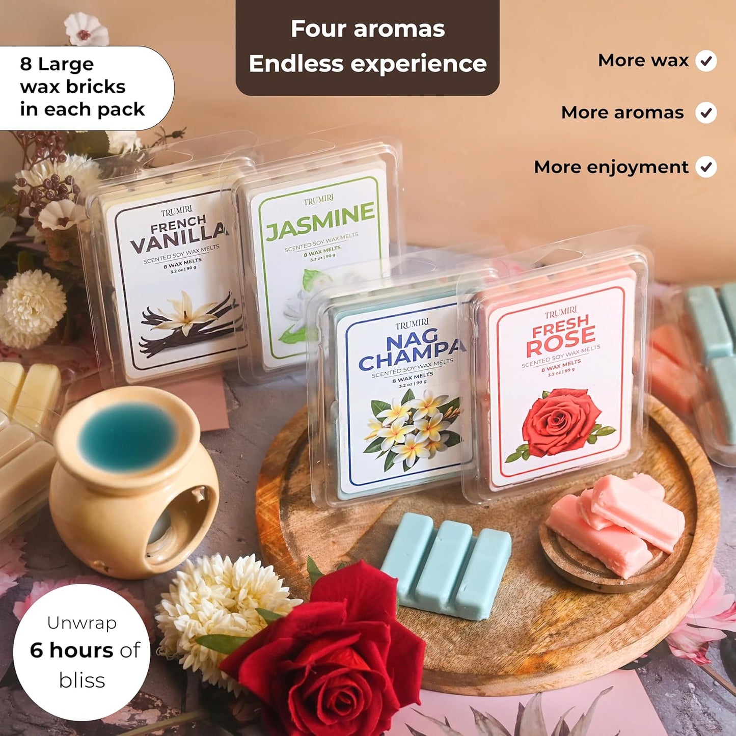 Scented Wax Melts Variety Pack of 4x8ea - Nag Champa|Fresh Rose|French Vanilla|Jasmine - Made with Non Toxic Soy Wax and Essential Oils- Long Lasting Strong...