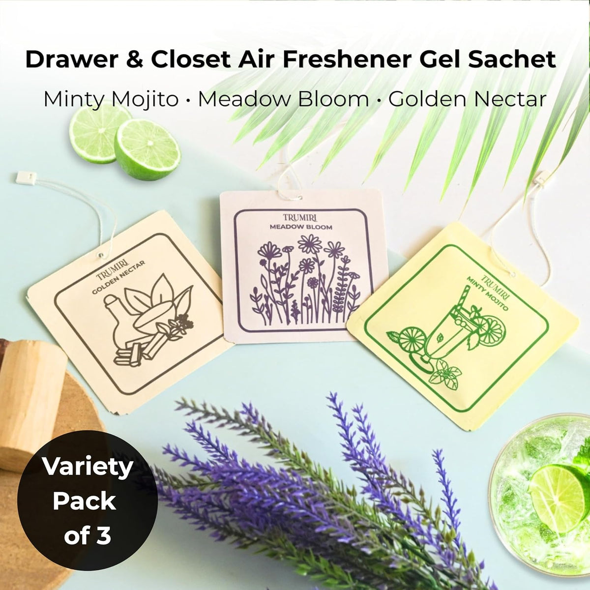 Mint|Lavender|Sandalwood Scented Drawer & Closet Air Freshener Sachet– Variety Pack of 3– Long-Lasting Hanging Sachet Bag, Scent Diffuser, Odor Eliminator, Wardrobes, Dressers–Home Fragrance Gift Set