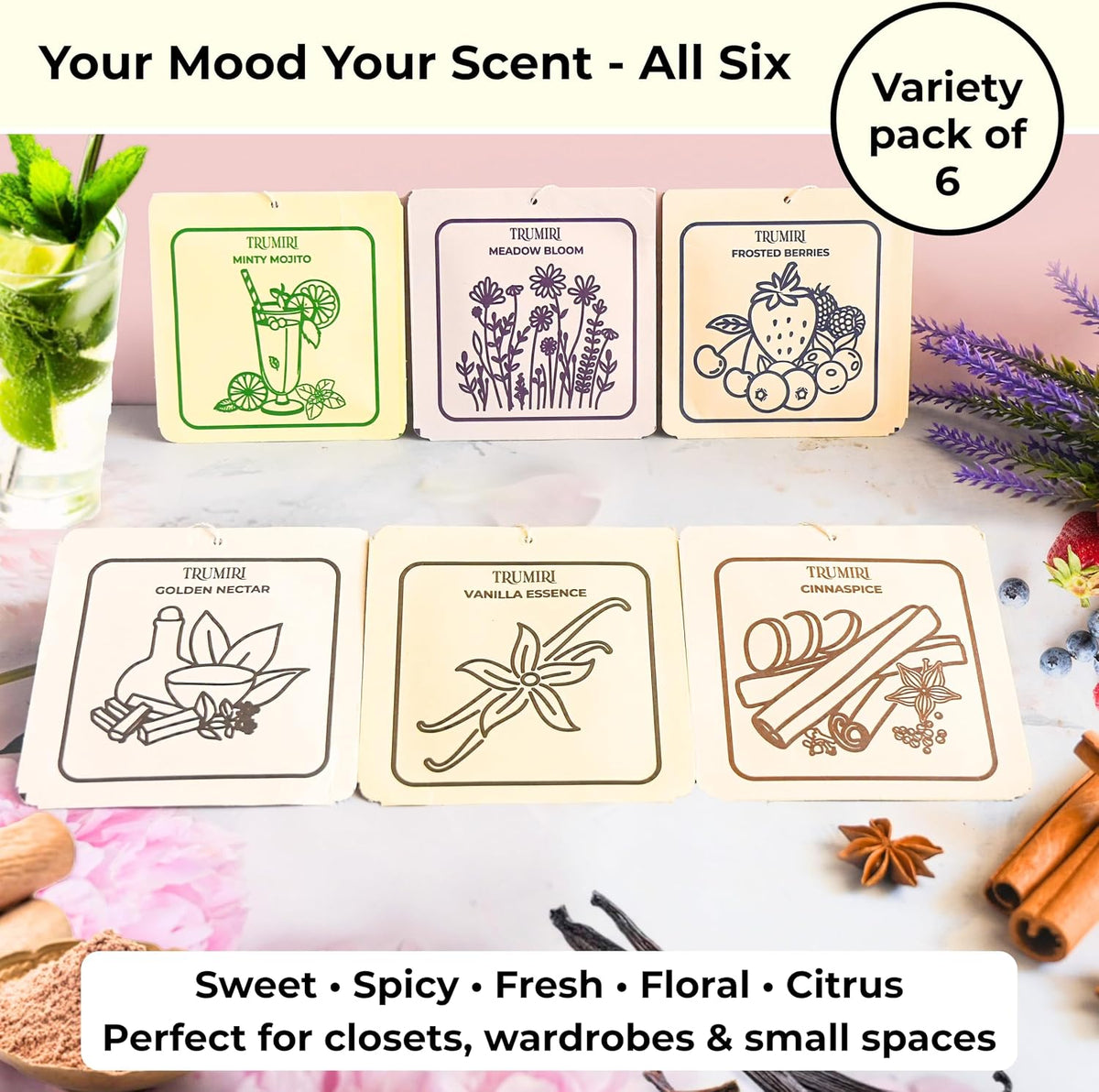 Frosted Berries|Cinnamon|Vanilla|Mint|Lavender|Sandalwood Scented Drawer & Closet Air Freshener Sachet – Variety Pack of 6 – Long-Lasting Hanging Bag, Diffuser, Odor Eliminator, Wardrobes, Dressers